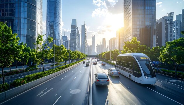 A futuristic cityscape with a sleek bus and cars on a multi-lane highway