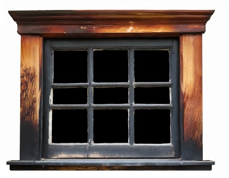 old weathered wooden window frame burnt black window cutout