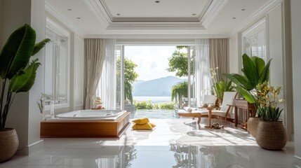 Fototapeta premium Luxury bathroom with jacuzzi and infinity pool overlooking a serene mountain lake