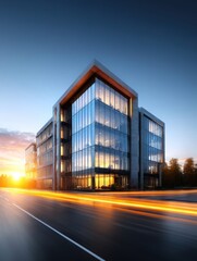 Obraz premium Modern glass office building with light trails on the road at sunset