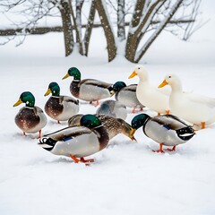 Ducks in Winter - A Flock Gathered in the Snow.