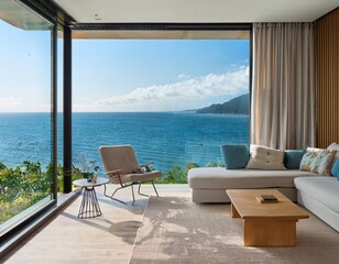 Obraz premium relaxing living room with big window and view on sea ocean landscape background