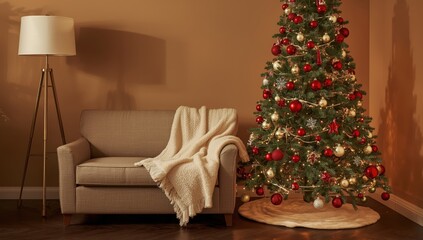 Naklejka premium Cozy corner with couch, soft throw, lamp, and Christmas tree