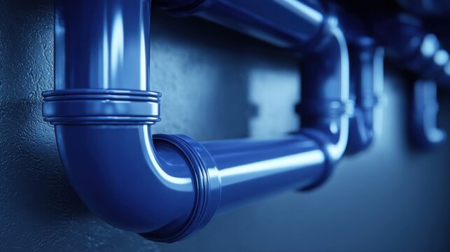 Close-up view of shiny blue industrial pipes running along a textured wall
