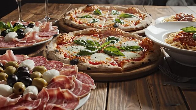 Table With Assorted Italian Cuisine Including Pizza Pasta And Cold Cuts Displayed on Wooden Surface Under Warm Light
