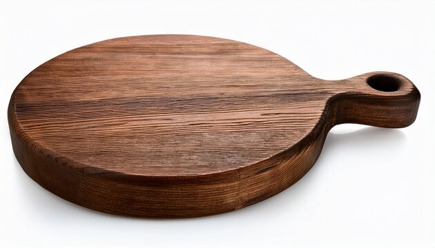 rustic dark brown circular wooden cutting board with a small simple handle isolated on white