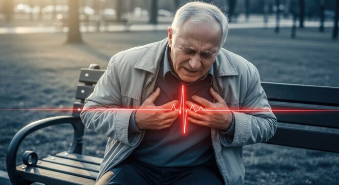 Elderly man experiencing chest pain, indicative of a cardiac issue, with a visualized electrocardiogram representing heart health concerns, prevention, and potential disease management.