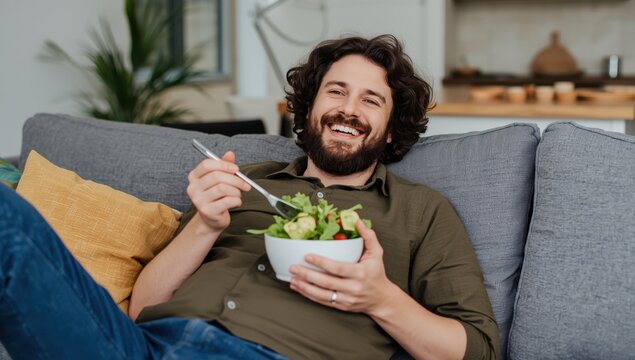 Curly-haired bearded man happily eats a fresh salad on his sofa, relaxing in a cozy living room, reflecting wellness