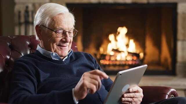 Elderly man enjoying tablet by cozy fireplace in warm living room with leather armchair