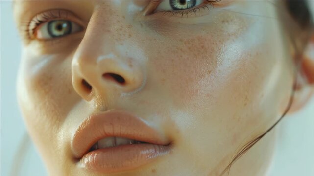 High-resolution showcasing the beauty of a young woman with freckled skin and glowing complexion. Focus is on her lips, nose, cheeks, and eyes, highlighting her natural features.