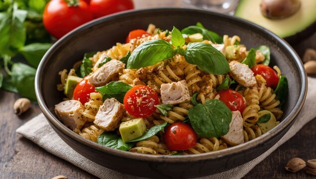 Delicious homemade Italian pasta salad featuring bronze-finished fusilli, tomatoes, avocado, spinach, chicken, and basil served in a dark bowl for dinner. Close-up shot with space for text