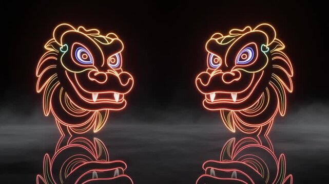 Neon Dragon Heads Glowing in the Dark with a Misty Background