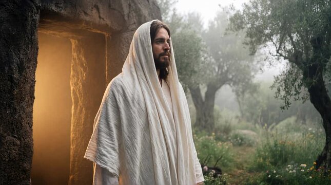 Jesus Emerging from the Dark Stone Tomb at Dawn &mdash; The Resurrection Moment
