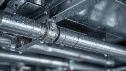 Detailed view of insulated HVAC pipes attached to a metal bracket, showcasing industrial plumbing and secure installation methods