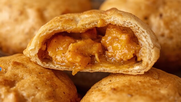 Detailed view of savory curry chicken inside a Thai curry puff