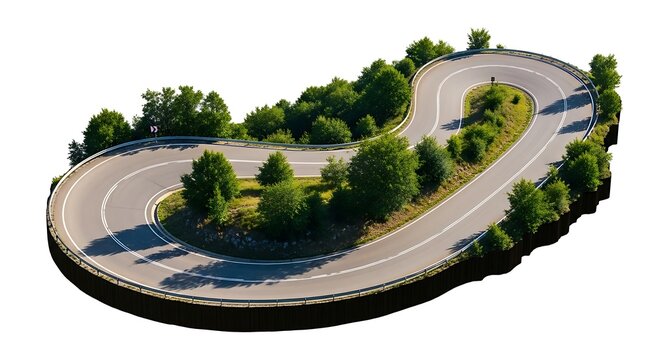 Winding mountain road section featuring sharp curves and surrounding green foliage isolated on white