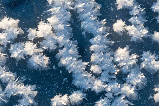 Canada, BC, Loon Lake.  Ice crystals on the frozen surface of the lake.