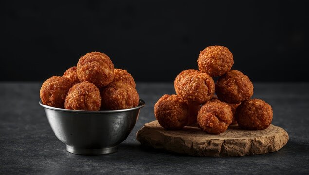 Metal bowl of cheese balls on dark surface; pile of fried chicken croquettes on rustic stone