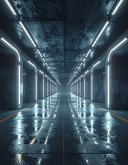 Obraz premium Futuristic Sci-Fi Tunnel with Neon Lights and Wet Reflective Floor.