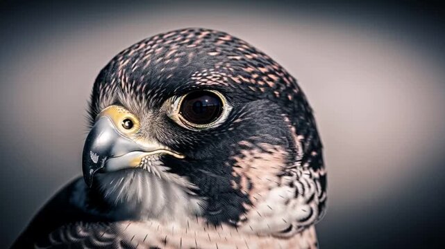 Close-up profile of a majestic falcon's head, sharp eyes, intricate feather detail