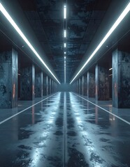 Fototapeta premium Futuristic Underground Tunnel with Neon Lights and Wet Reflective Floor.
