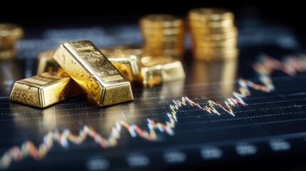 Gold bars and coins resting on a financial stock market graph, symbolizing wealth and investment