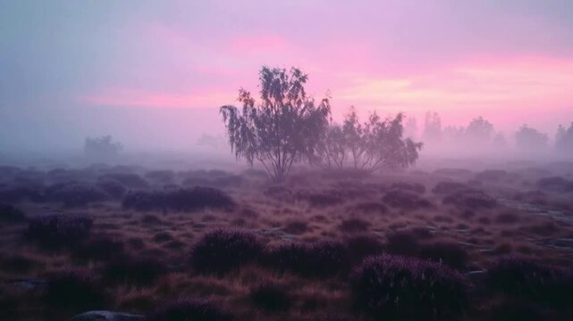 Nebel &uuml;ber stiller Moorlandschaft im Morgengrauen