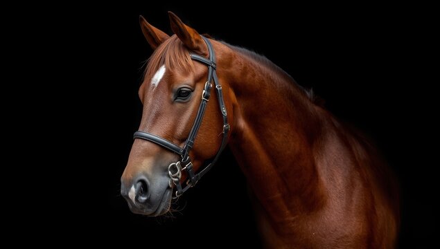Portrait of a chestnut Thoroughbred stallion in bridle against a dark backdrop