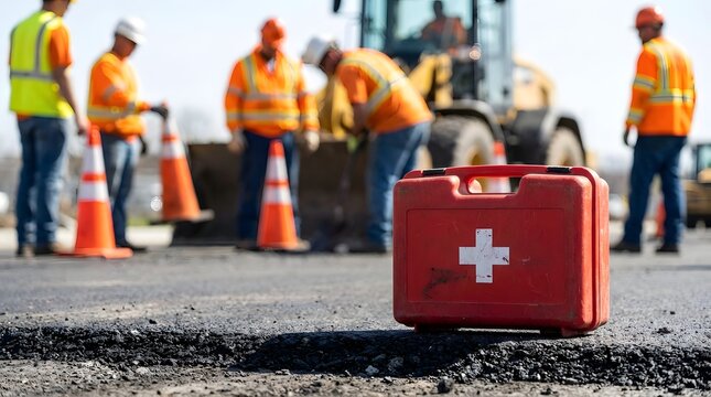 A bright red first aid kit with a prominent white cross sits safely on fresh asphalt, symbolizing essential emergency preparedness at a construction site.