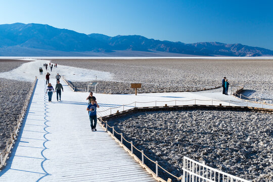 USA, CA, Death Valley National Park.  Badwater Basin Salt Flat.  Lowest place in the North America, -86 m, -282 ft