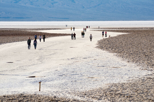 USA, CA, Death Valley National Park.  Badwater Basin Salt Flat.  Lowest place in the North America, -86 m, -282 ft