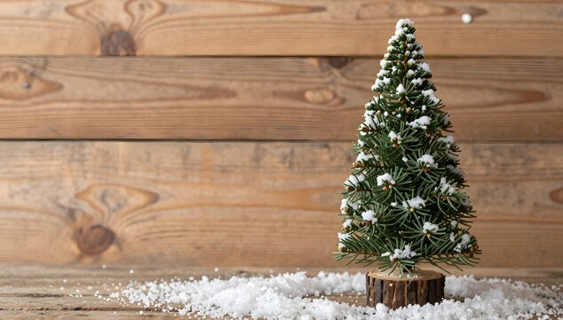 Miniature christmas tree dusted with snow sits against a rustic wooden background