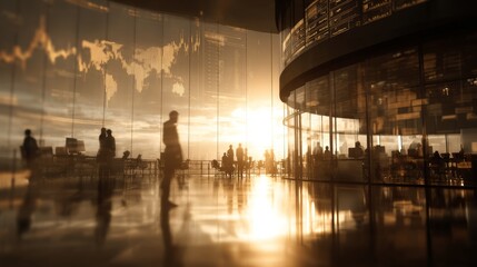 Naklejka premium AI financial agents managing global markets 24/7, sunlit trading floor with digital analysts, smooth data visualizations