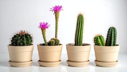 Fototapeta premium Four potted cacti, two flowering with bright pink blossoms, sit on a white surface against a bright white backdrop