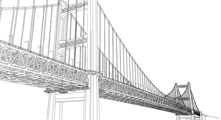 Fototapeta premium Dynamic architectural line art of a large suspension bridge, technical engineering drawing, wireframe structure, infrastructure design.