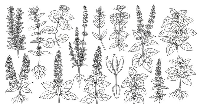 Detailed botanical line art collection of various mint plants, including leaves, flowers, and roots, in black and white for herbal themes.