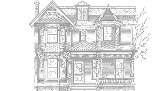 Detailed Victorian house line art illustration. Classic residential building drawing with ornate historical architecture in black and white.