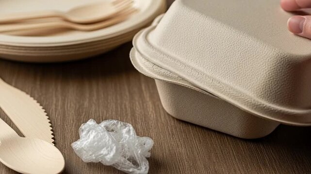 Eco-friendly disposable tableware and bamboo toothbrush on wooden table