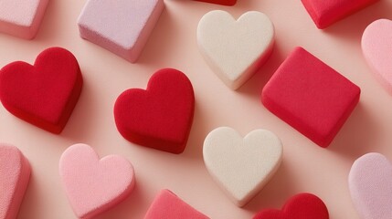 Obraz premium Assortment of heart-shaped and square makeup sponges in various pastel and vibrant pink and red shades