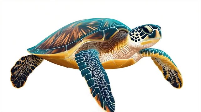 A detailed illustration of a sea turtle, showing vibrant colors and textures on a white background