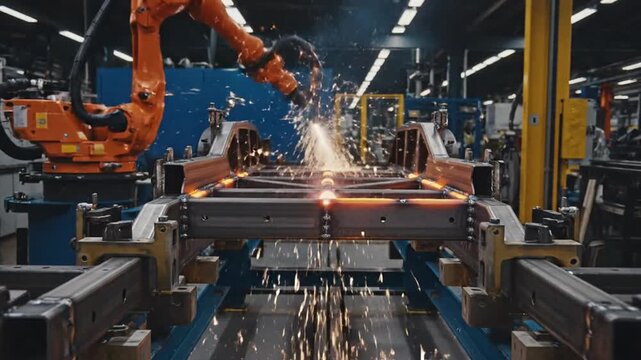 An advanced industrial robotic arm performs precision welding on a l frame in a modern factory