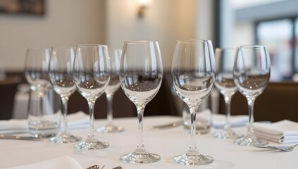 Fototapeta premium Wine glasses stand in a row on a white table, prepared for a dinner event