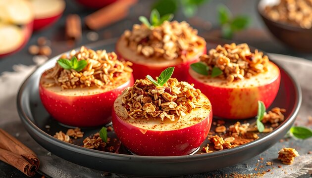 Four red apples halved and baked, topped with golden crumble and mint on a dark plate