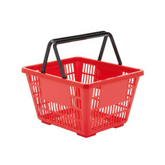 Red shopping basket, wire basket, grocery shopping, retail display, shopping cart