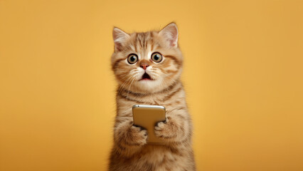 Smartphone shocked meme cat with copy space on yellow gold  background cat-meme_1277