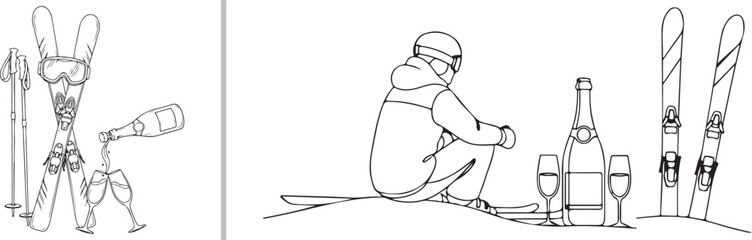 A massive vector line art collection illustrating alpine skiing and après-ski life, featuring racers crossing finish lines, champagne toasts, mountain vistas, and professional winter gear. © reza
