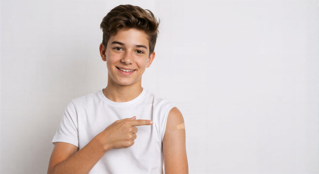 Jovem sorrindo apontando para o bra&ccedil;o ap&oacute;s vacina&ccedil;&atilde;o em retrato isolado