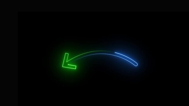 Neon Arrow Pointer Glowing Blue Green Light Curve Motion Dark Background Technology Navigation Concept.