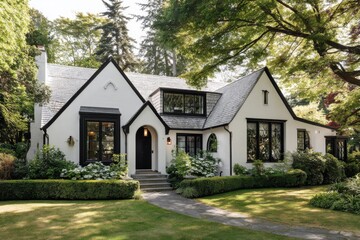 A charming family house nestled in a picturesque neighborhood filled with lush trees and vibrant plants, basking in the warmth of summer days