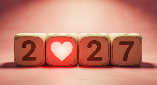 Wooden Blocks with 2027 and Heart Symbol on Pink Background
